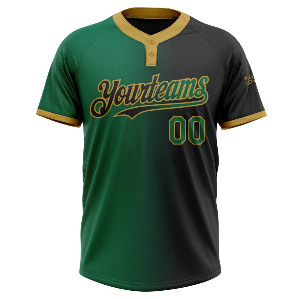 Black Kelly Green Old Gold Gradient Fashion Two Button Unisex Softball Jersey, Custom Team Softball Jersey