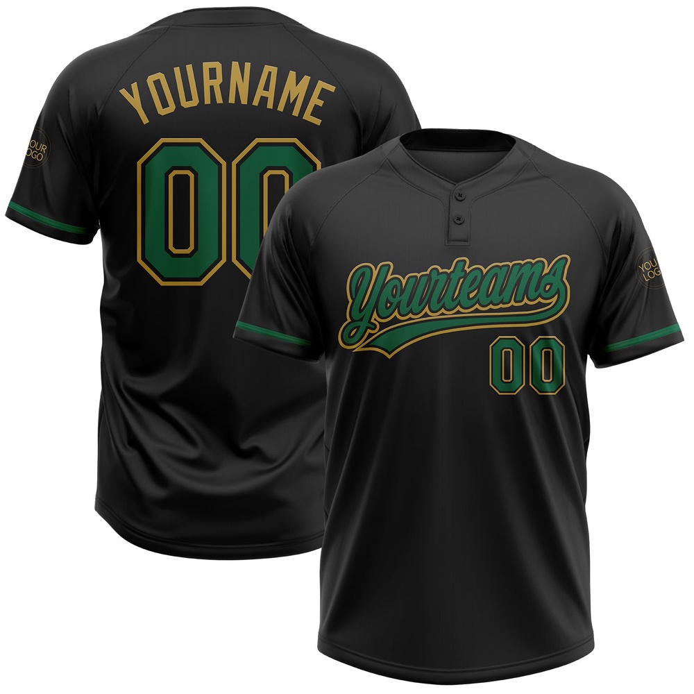 Black Kelly Green Old Gold Two Button Unisex Softball Jersey, Custom Team Softball Jersey