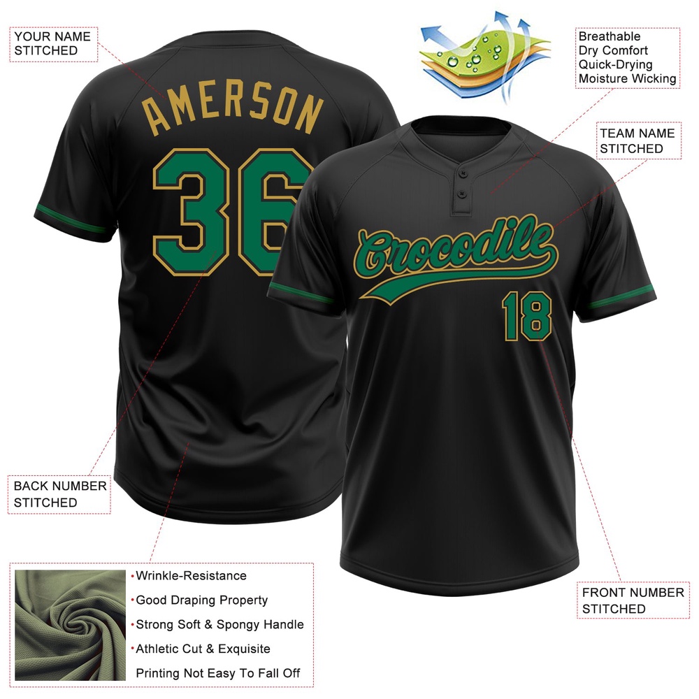 Black Kelly Green Old Gold Two Button Unisex Softball Jersey, Custom Team Softball Jersey