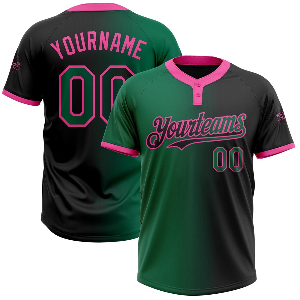 Black Kelly Green Pink Gradient Fashion Two Button Unisex Softball Jersey, Custom Team Softball Jersey