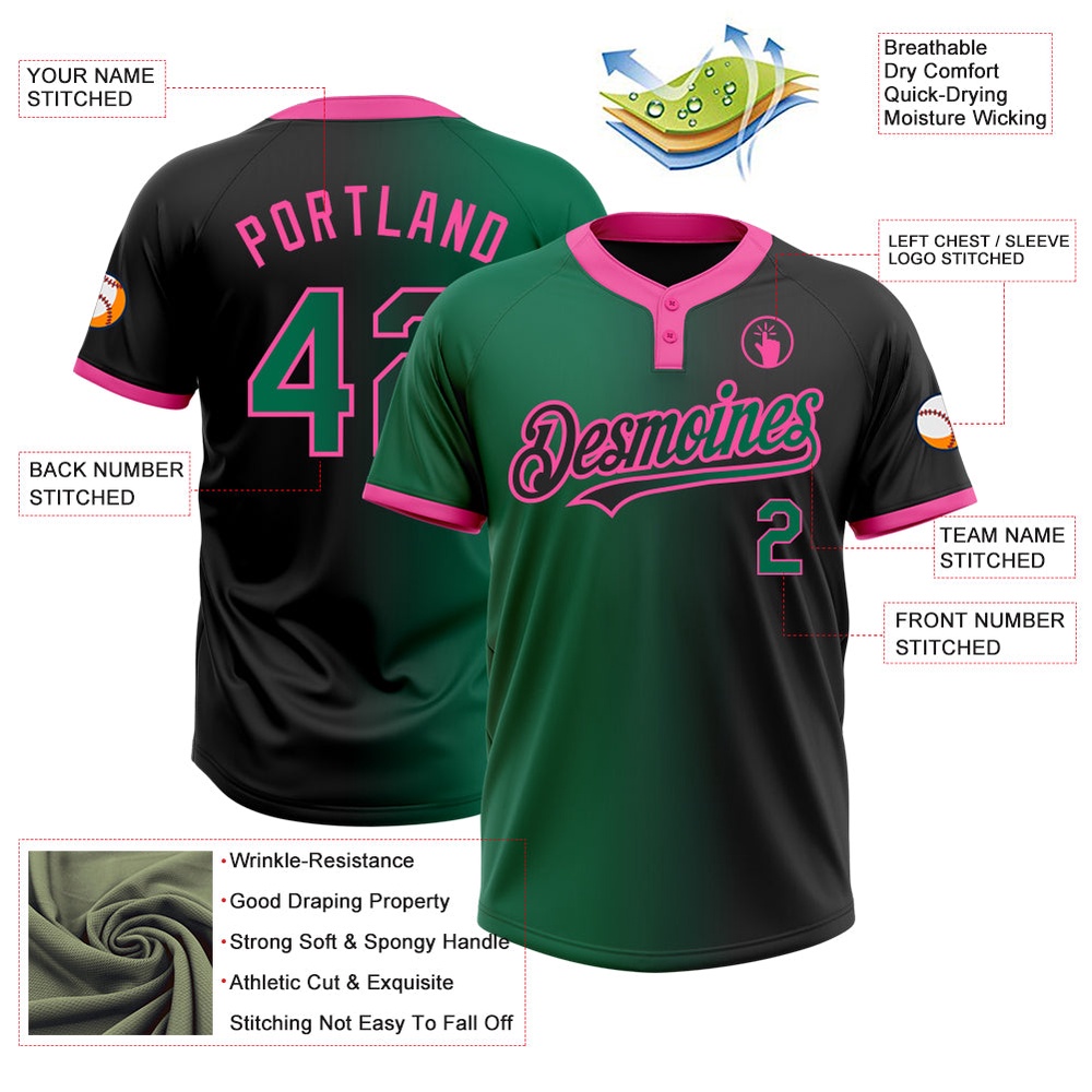 Black Kelly Green Pink Gradient Fashion Two Button Unisex Softball Jersey, Custom Team Softball Jersey