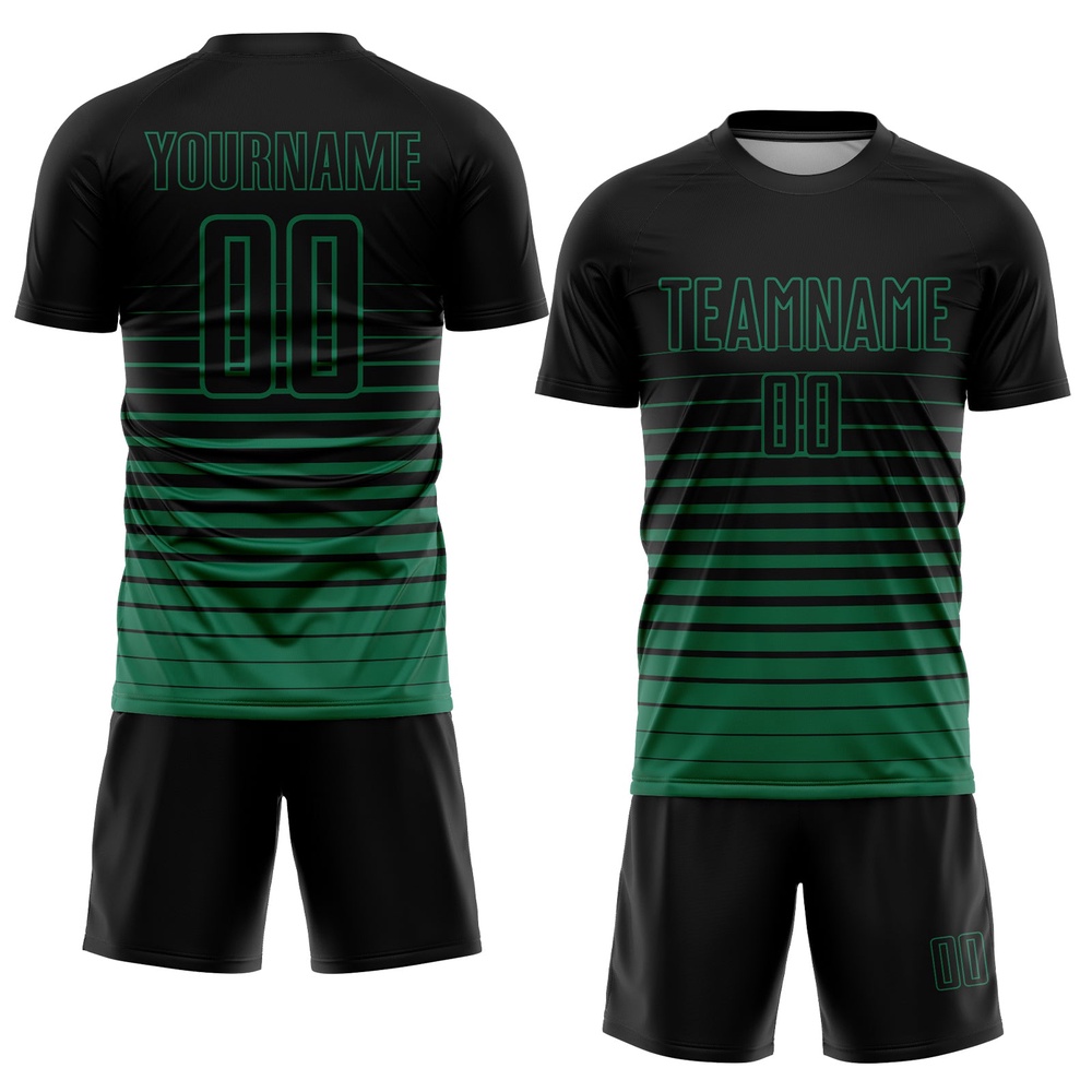Black Kelly Green Pinstripe Fade Fashion Sublimation Soccer Uniform Jersey, Custom Team Soccer Jersey Shirt