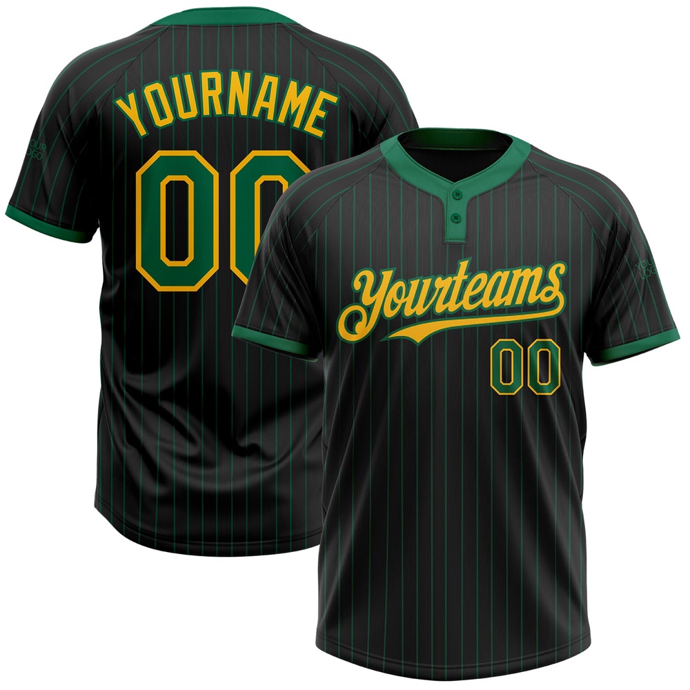 Black Kelly Green Pinstripe Gold Two Button Unisex Softball Jersey, Custom Team Softball Jersey