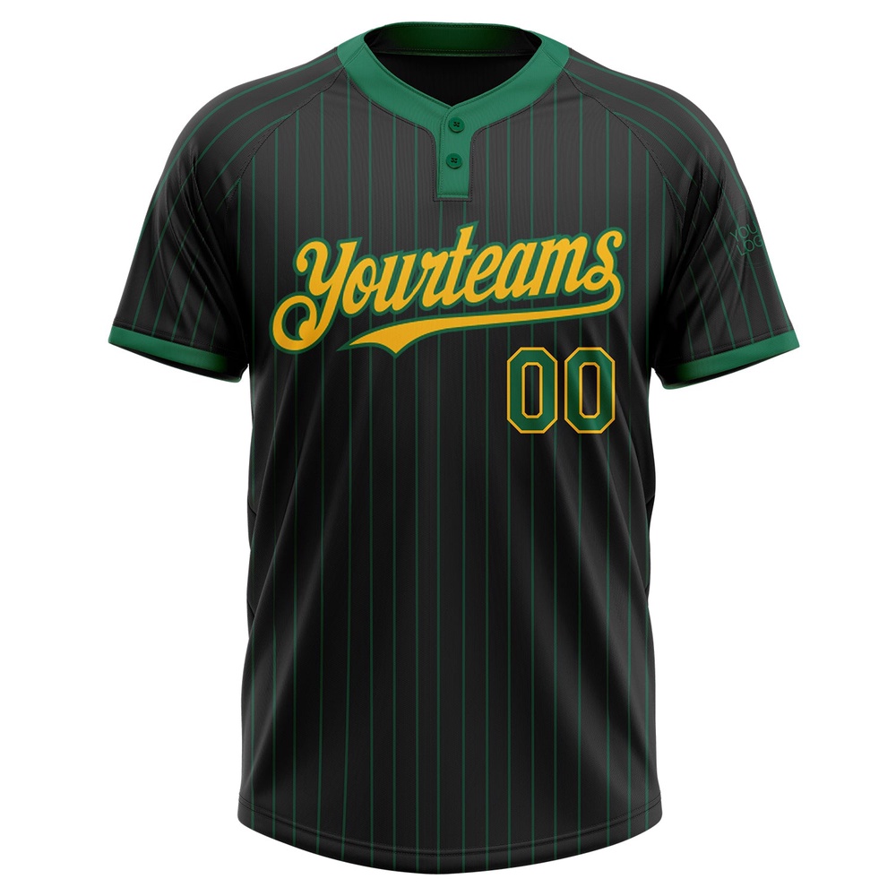 Black Kelly Green Pinstripe Gold Two Button Unisex Softball Jersey, Custom Team Softball Jersey