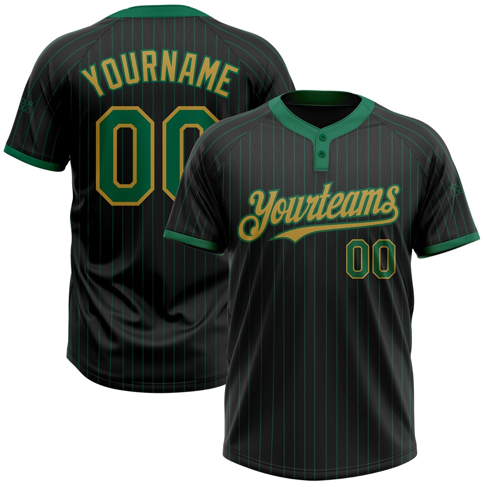 Black Kelly Green Pinstripe Old Gold Two Button Unisex Softball Jersey, Custom Team Softball Jersey
