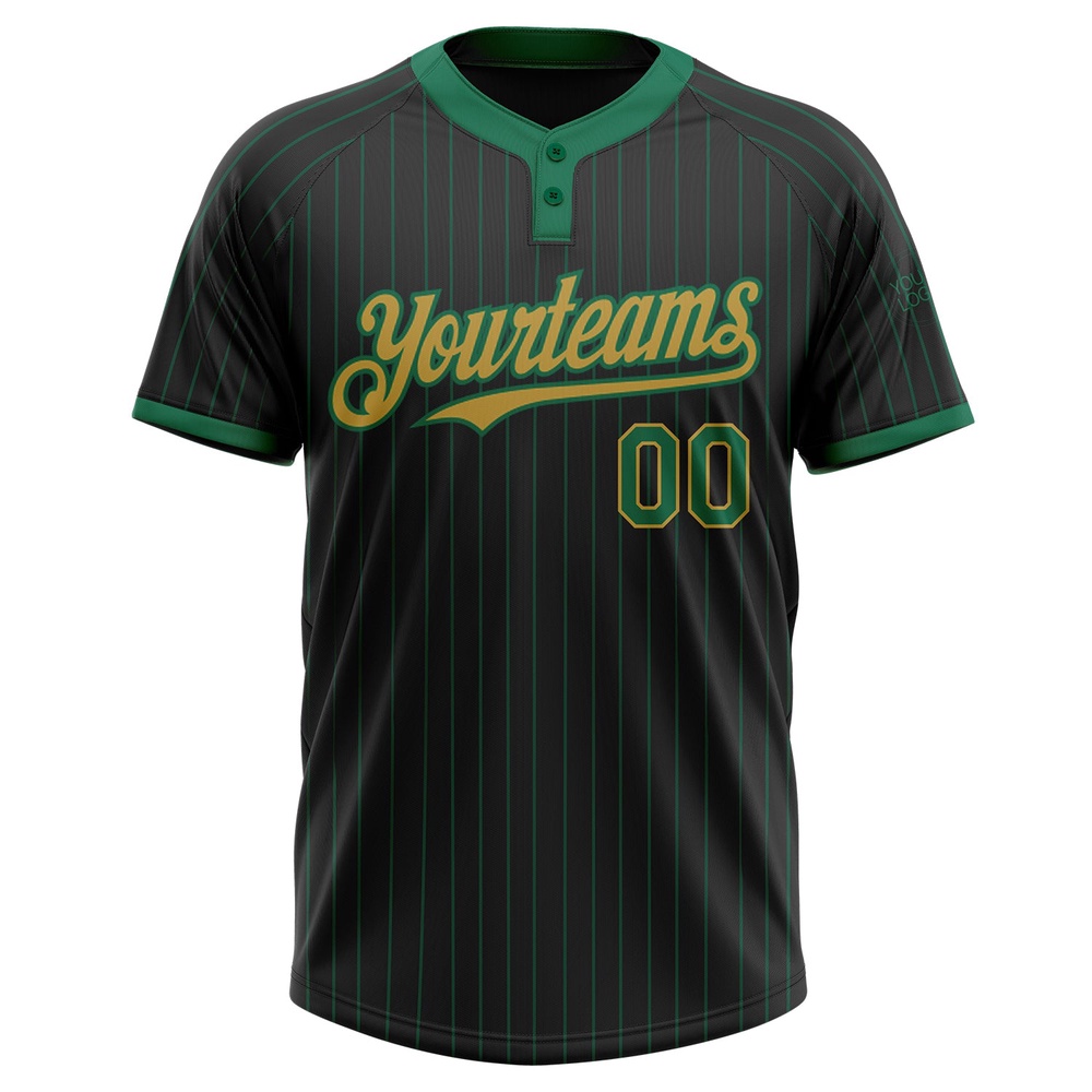Black Kelly Green Pinstripe Old Gold Two Button Unisex Softball Jersey, Custom Team Softball Jersey