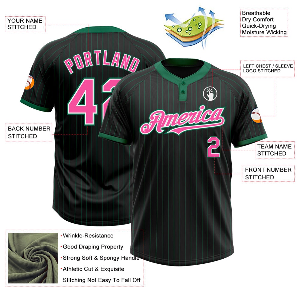 Black Kelly Green Pinstripe Pink White Two Button Unisex Softball Jersey, Custom Team Softball Jersey