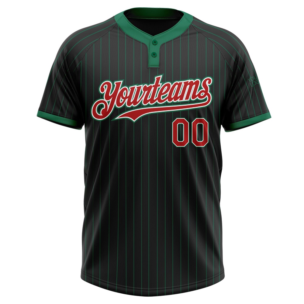Black Kelly Green Pinstripe Red White Two Button Unisex Softball Jersey, Custom Team Softball Jersey