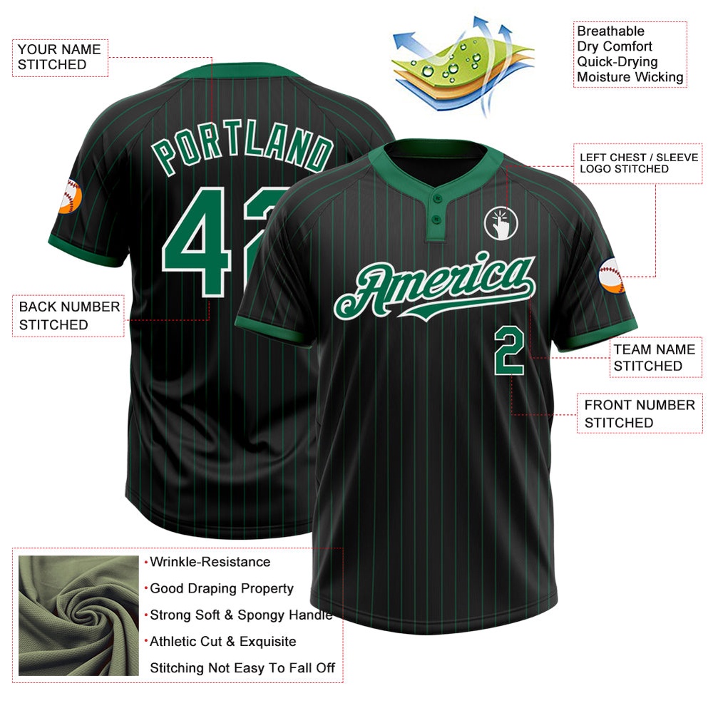 Black Kelly Green Pinstripe White Two Button Unisex Softball Jersey, Custom Team Softball Jersey