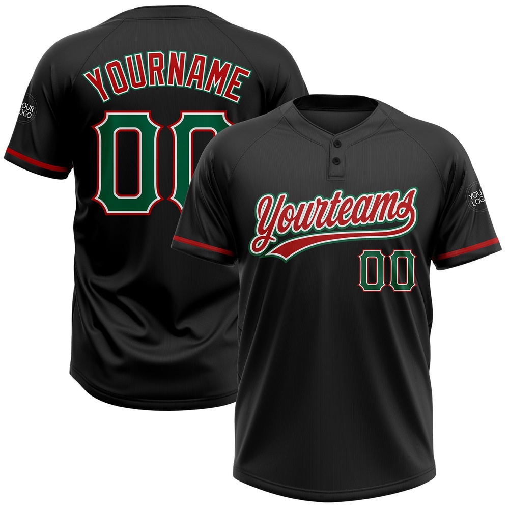 Black Kelly Green Red Two Button Unisex Softball Jersey, Custom Team Softball Jersey