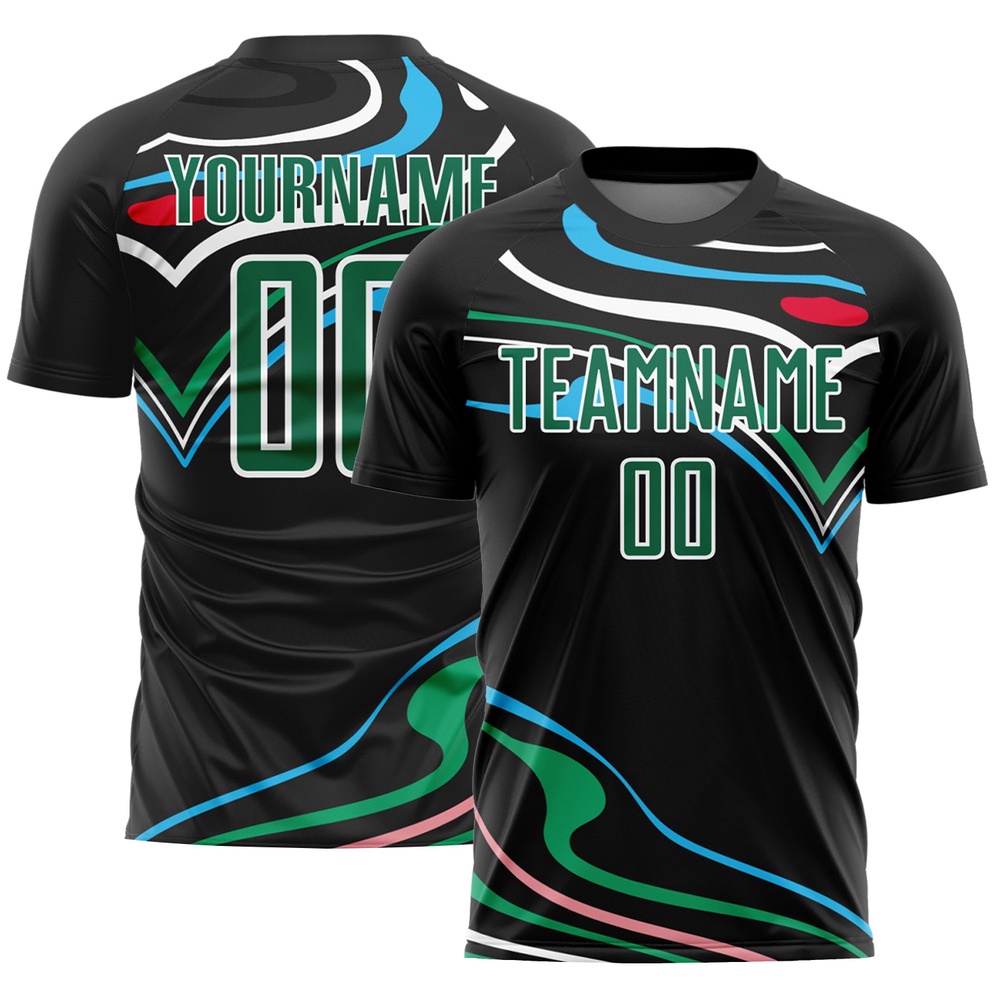 Black Kelly Green White Fluid Shapes Sublimation Soccer Uniform Jersey, Custom Team Soccer Jersey Shirt Black Kelly Green White Fluid Shapes Sublimation Soccer Uniform Jersey, Custom Team Soccer Jersey Shirt