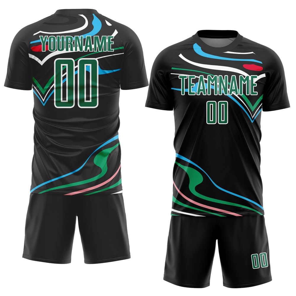 Black Kelly Green White Fluid Shapes Sublimation Soccer Uniform Jersey, Custom Team Soccer Jersey Shirt Black Kelly Green White Fluid Shapes Sublimation Soccer Uniform Jersey, Custom Team Soccer Jersey Shirt