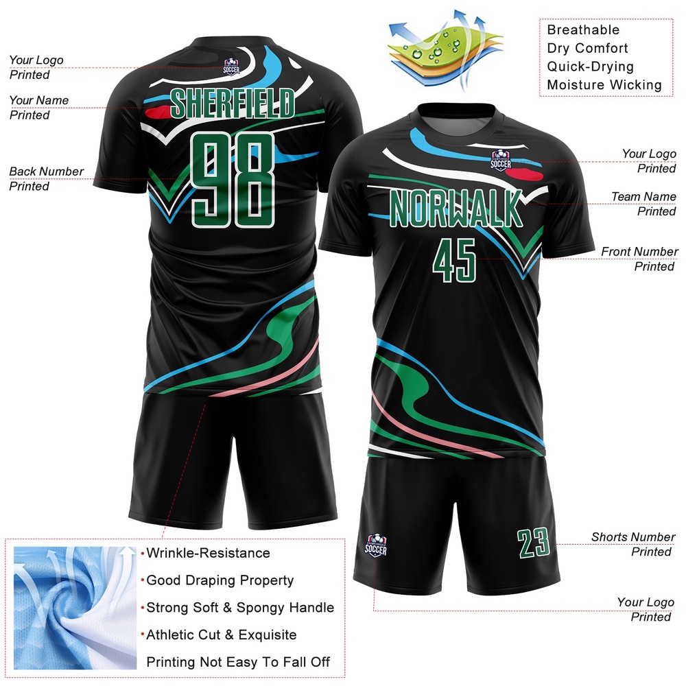 Black Kelly Green White Fluid Shapes Sublimation Soccer Uniform Jersey, Custom Team Soccer Jersey Shirt Black Kelly Green White Fluid Shapes Sublimation Soccer Uniform Jersey, Custom Team Soccer Jersey Shirt