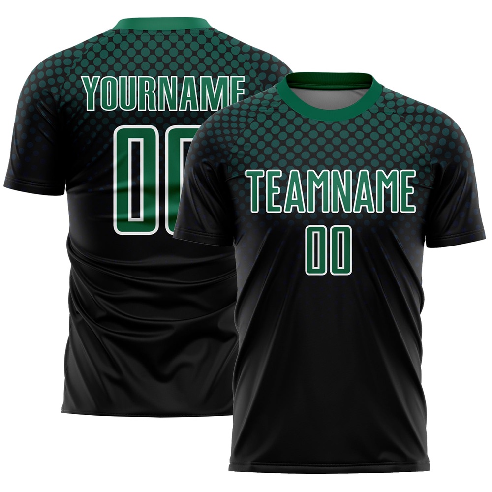 Black Kelly Green White Halftone Dots Sublimation Soccer Uniform Jersey, Custom Team Soccer Jersey Shirt