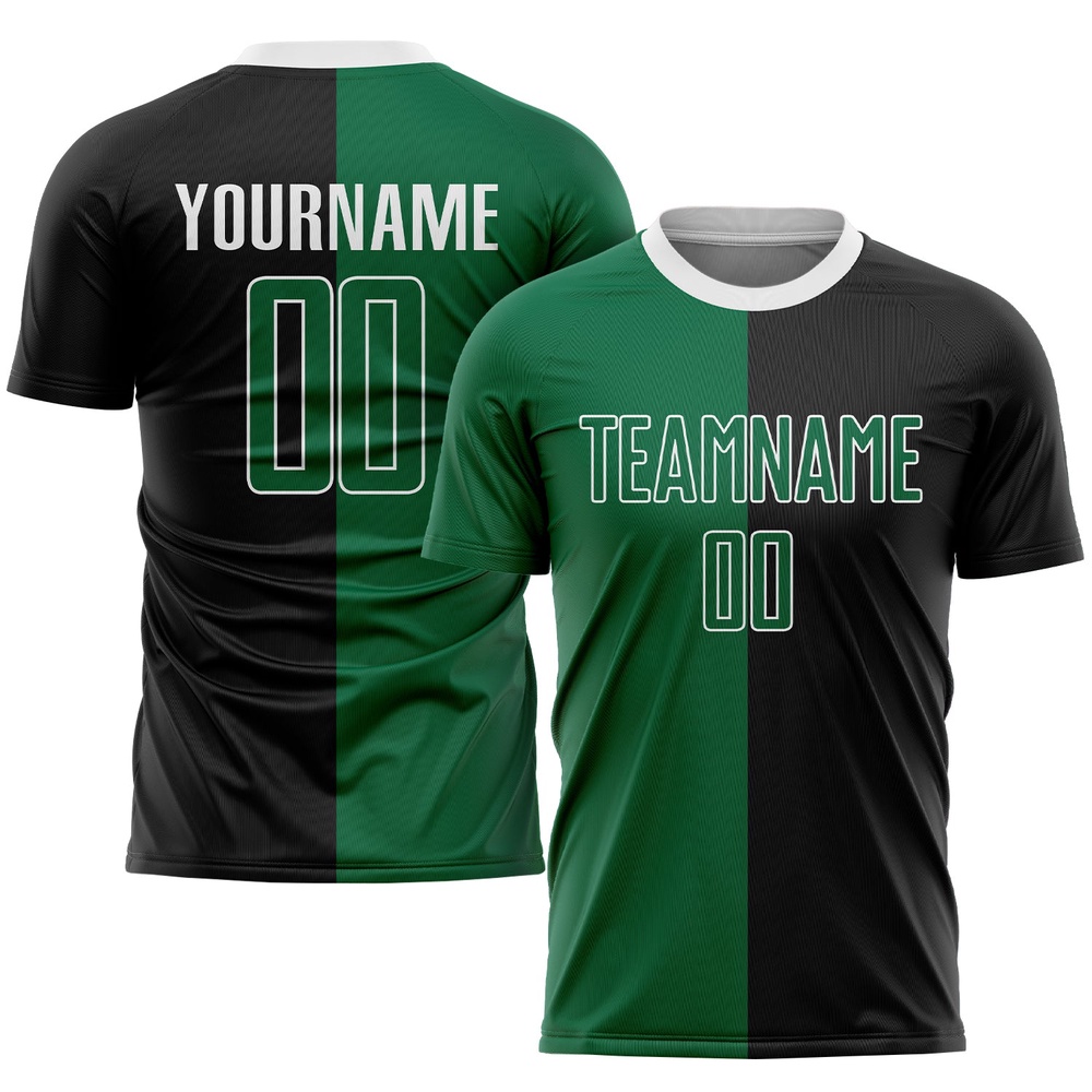 Black Kelly Green White Sublimation Split Fashion Soccer Uniform Jersey, Custom Team Soccer Jersey Shirt