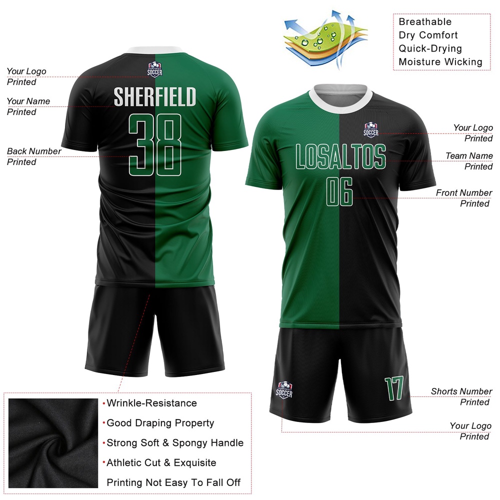 Black Kelly Green White Sublimation Split Fashion Soccer Uniform Jersey, Custom Team Soccer Jersey Shirt