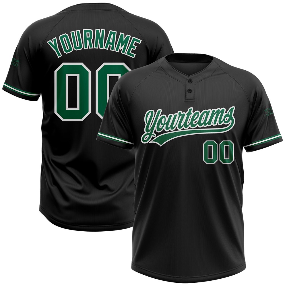 Black Kelly Green White Two Button Unisex Softball Jersey, Custom Team Softball Jersey Black Kelly Green White Two Button Unisex Softball Jersey, Custom Team Softball Jersey