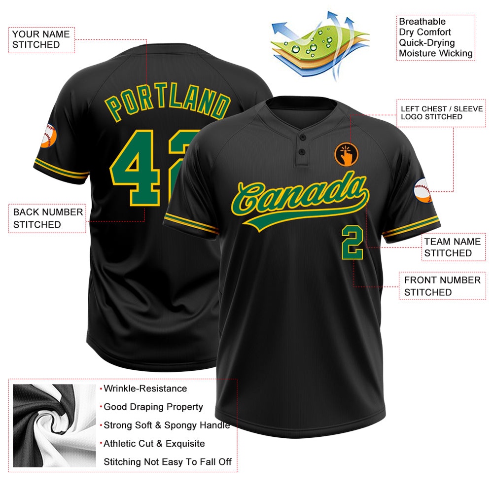 Black Kelly Green Yellow Two Button Unisex Softball Jersey, Custom Team Softball Jersey