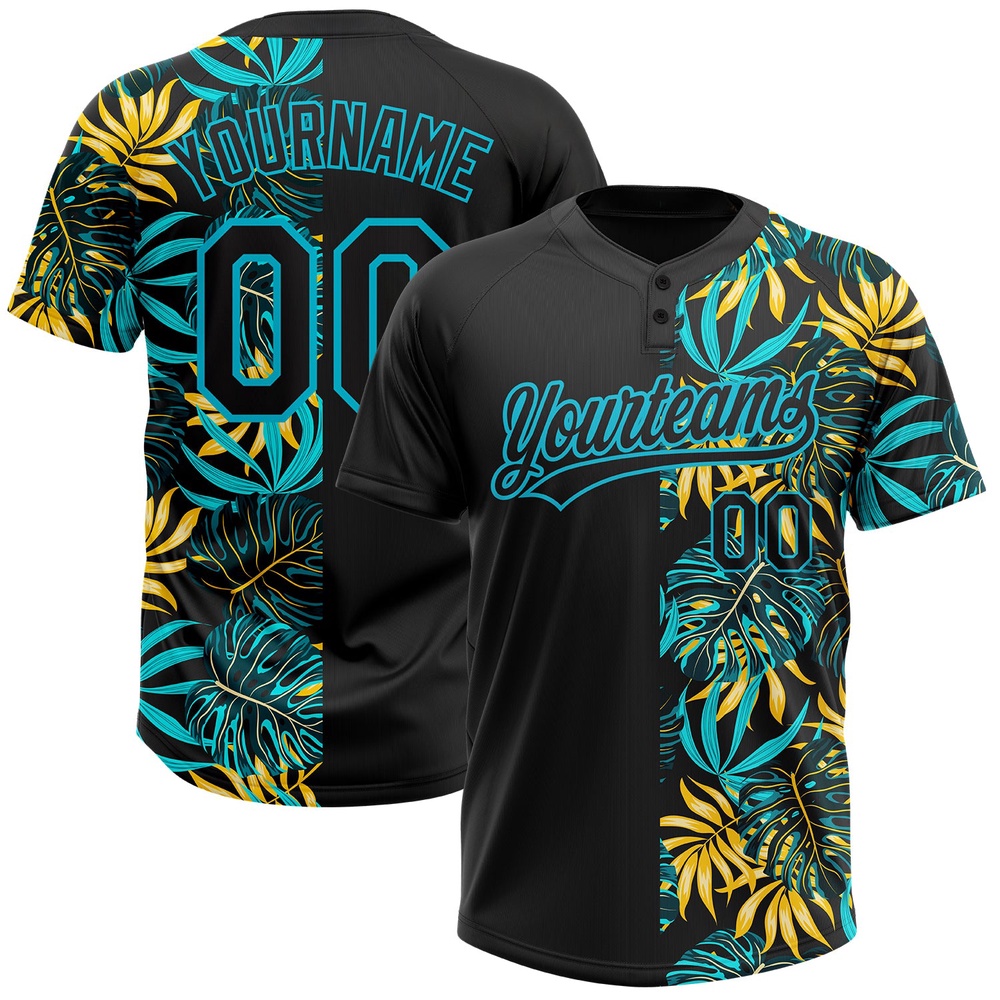 Black Lakes Blue 3D Pattern Hawaii Tropical Palm Leaves Two Button Unisex Softball Jersey, Custom Team Softball Jersey