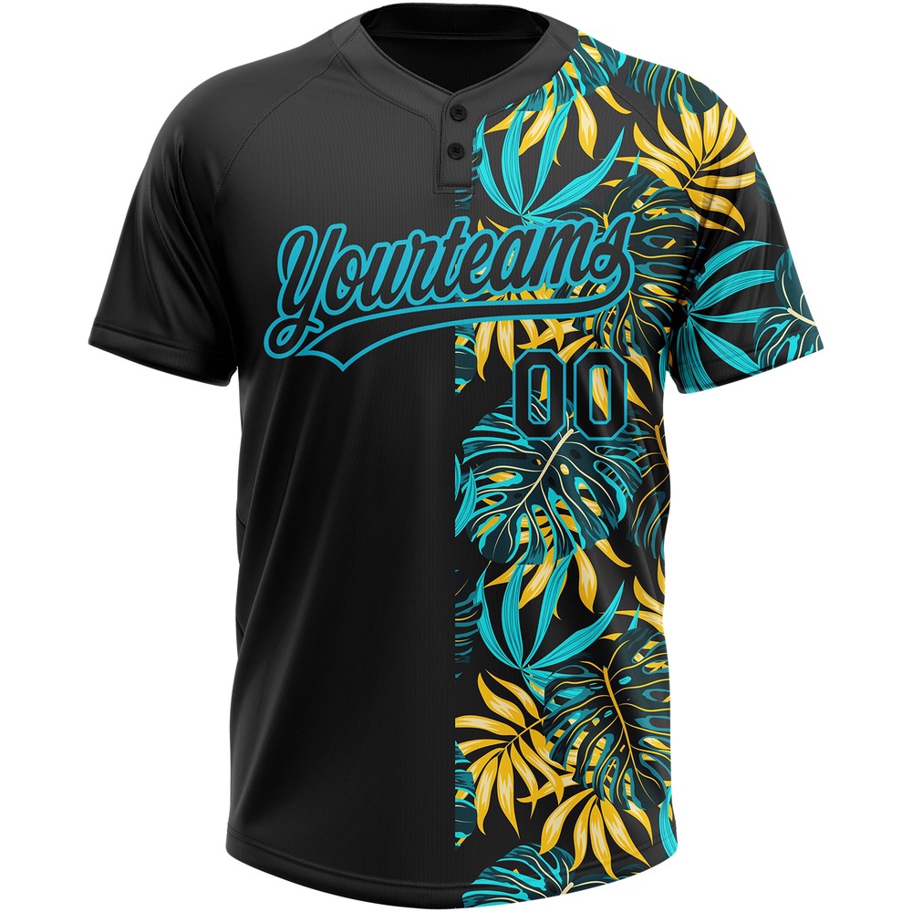 Black Lakes Blue 3D Pattern Hawaii Tropical Palm Leaves Two Button Unisex Softball Jersey, Custom Team Softball Jersey