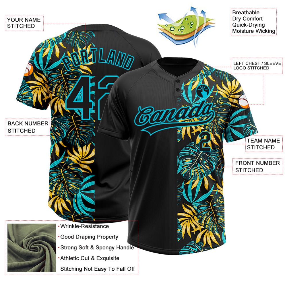 Black Lakes Blue 3D Pattern Hawaii Tropical Palm Leaves Two Button Unisex Softball Jersey, Custom Team Softball Jersey