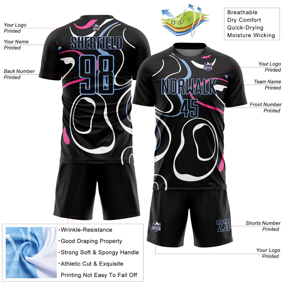 Black Light Blue Fluid Shapes Sublimation Soccer Uniform Jersey, Custom Team Soccer Jersey Shirt