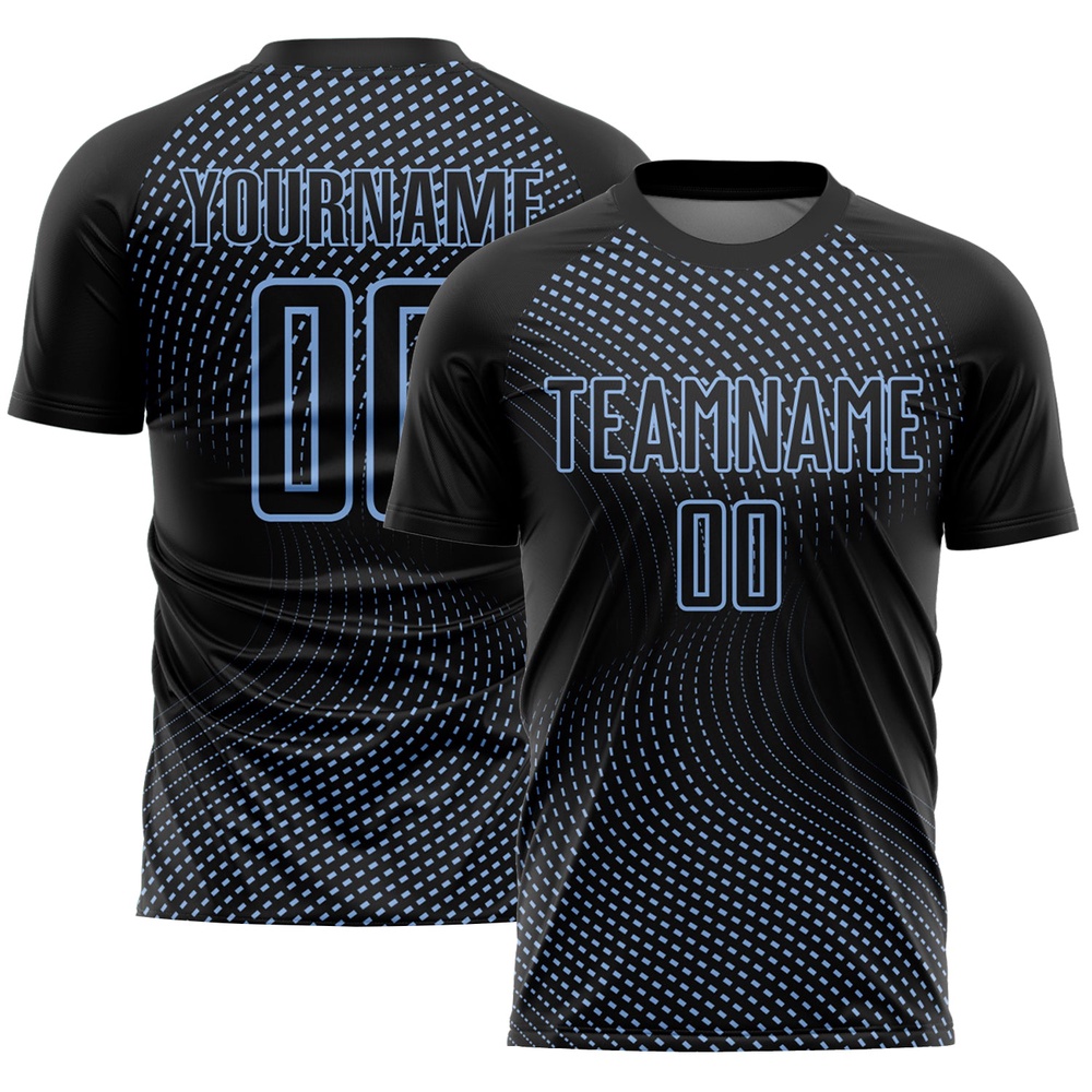 Black Light Blue Geometric Lines Sublimation Soccer Uniform Jersey, Custom Team Soccer Jersey Shirt