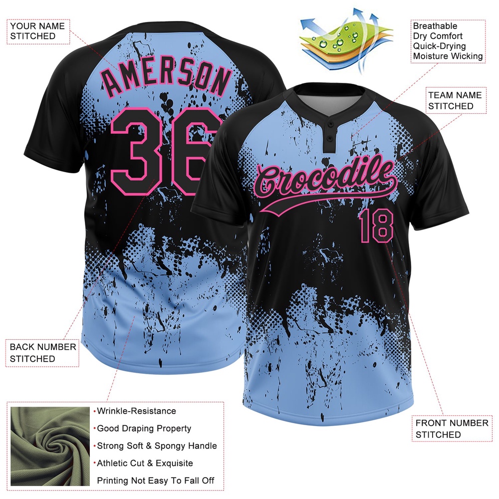 Black Light Blue Pink 3D Pattern Abstract Splatter Grunge Art Two Button Unisex Softball Jersey, Custom Team Softball Jersey