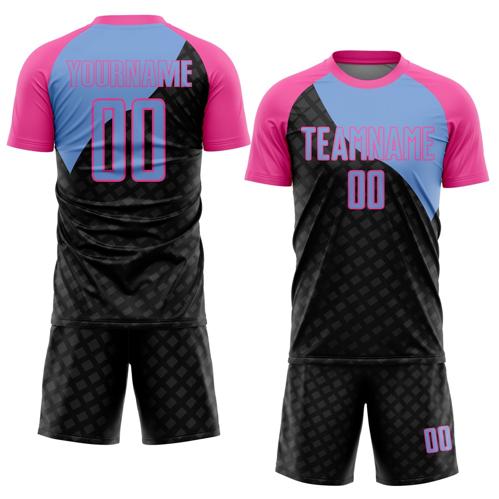 Black Light Blue Pink Curve Lines Sublimation Soccer Uniform Jersey, Custom Team Soccer Jersey Shirt