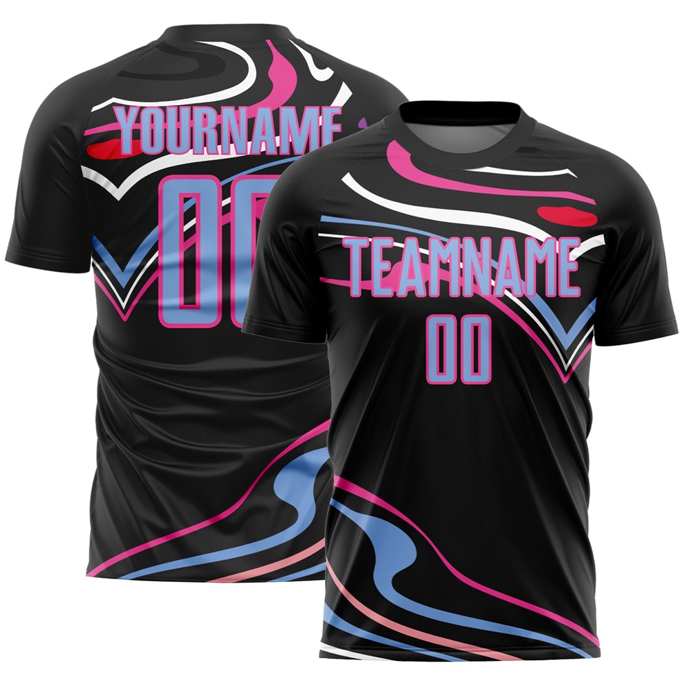 Black Light Blue Pink Fluid Shapes Sublimation Soccer Uniform Jersey, Custom Team Soccer Jersey Shirt