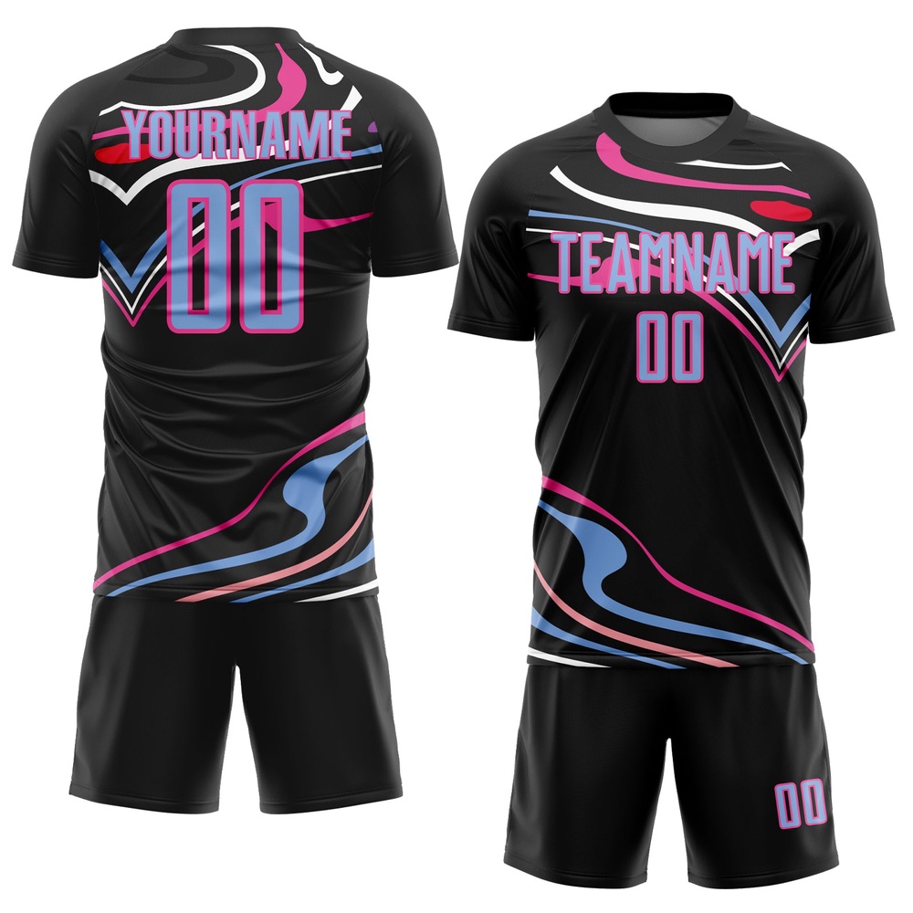 Black Light Blue Pink Fluid Shapes Sublimation Soccer Uniform Jersey, Custom Team Soccer Jersey Shirt