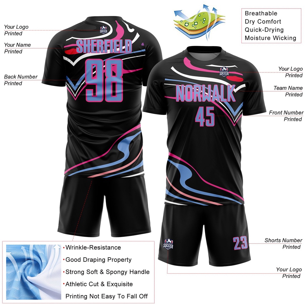 Black Light Blue Pink Fluid Shapes Sublimation Soccer Uniform Jersey, Custom Team Soccer Jersey Shirt