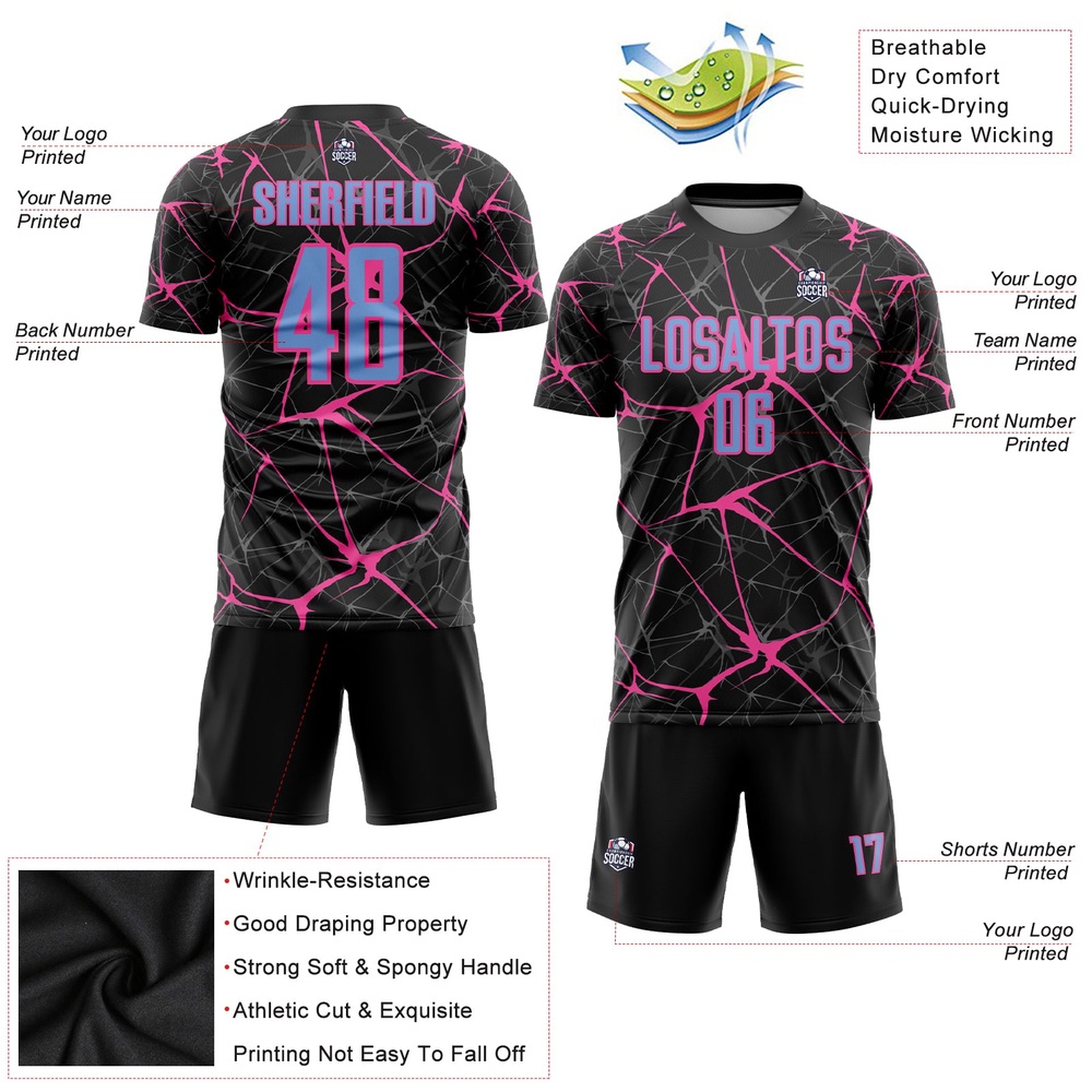 Black Light Blue Pink Sublimation Soccer Uniform Jersey, Custom Team Soccer Jersey Shirt