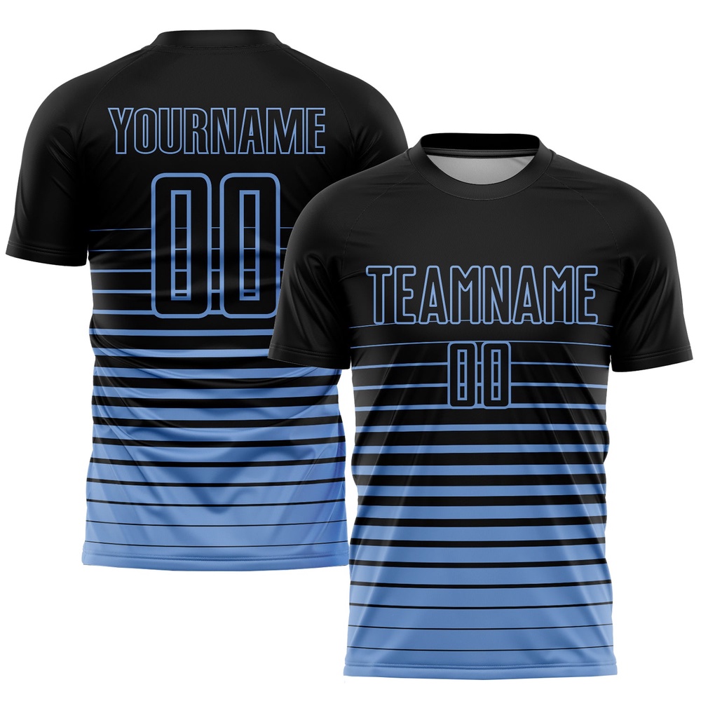 Black Light Blue Pinstripe Fade Fashion Sublimation Soccer Uniform Jersey, Custom Team Soccer Jersey Shirt