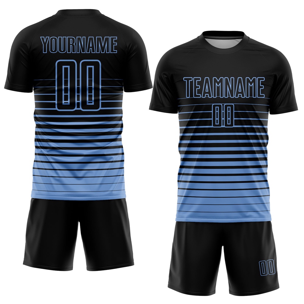 Black Light Blue Pinstripe Fade Fashion Sublimation Soccer Uniform Jersey, Custom Team Soccer Jersey Shirt