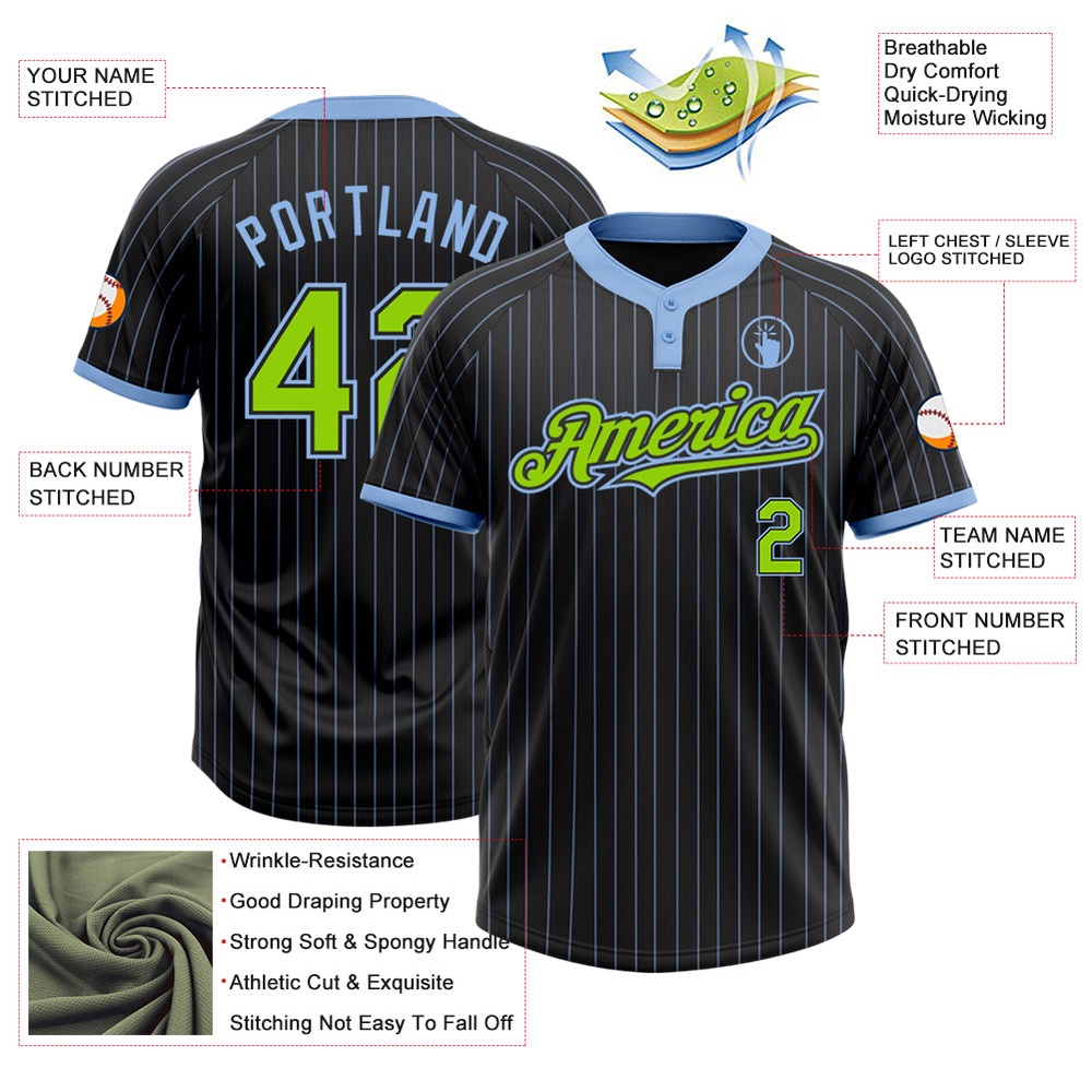 Black Light Blue Pinstripe Neon Green Two Button Unisex Softball Jersey, Custom Team Softball Jersey Black Light Blue Pinstripe Neon Green Two Button Unisex Softball Jersey, Custom Team Softball Jersey