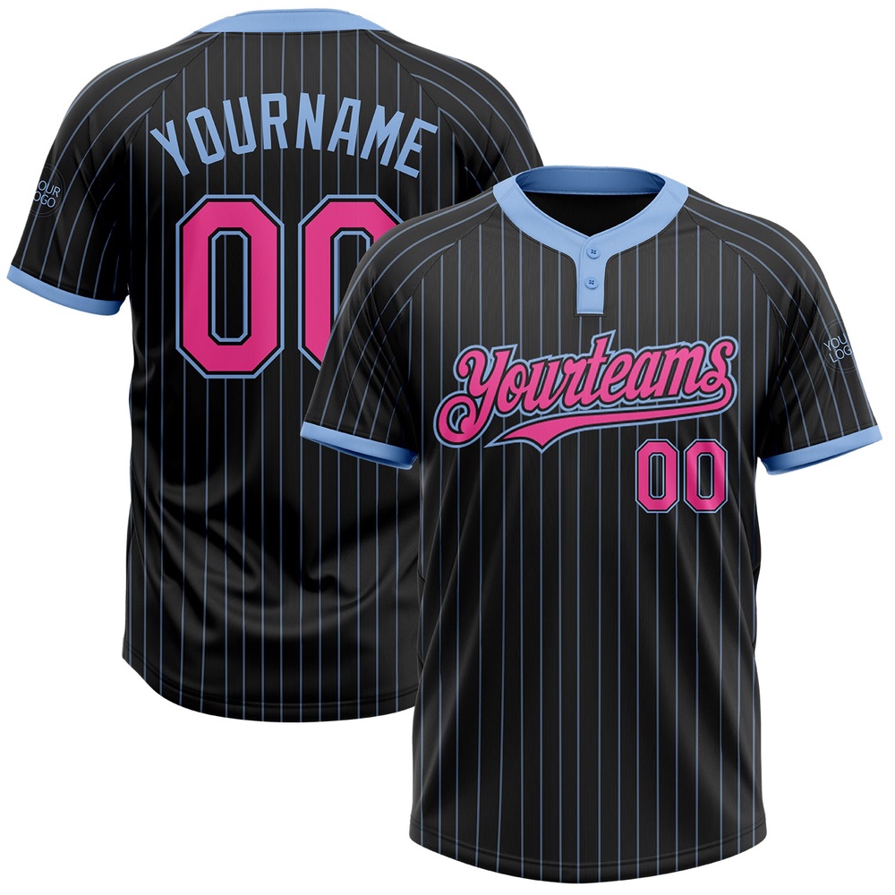 Black Light Blue Pinstripe Pink Two Button Unisex Softball Jersey, Custom Team Softball Jersey