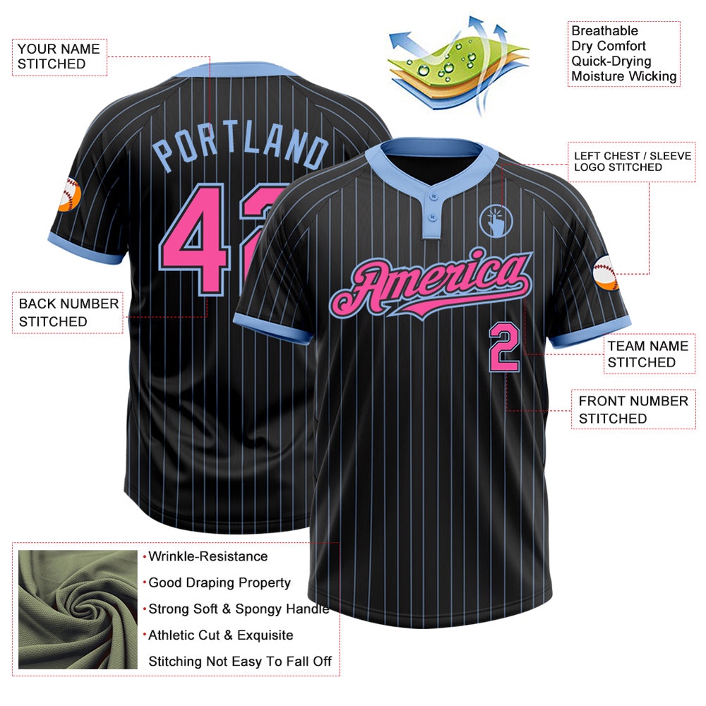 Black Light Blue Pinstripe Pink Two Button Unisex Softball Jersey, Custom Team Softball Jersey