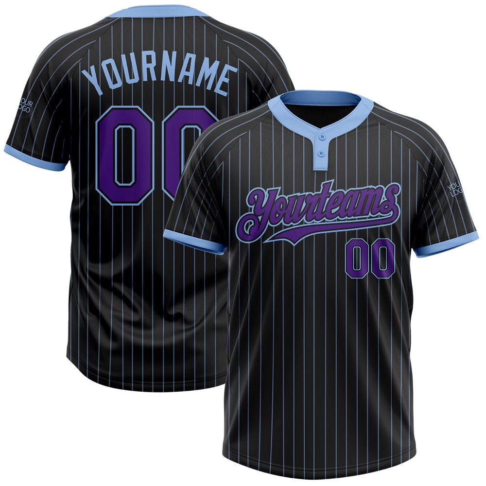 Black Light Blue Pinstripe Purple Two Button Unisex Softball Jersey, Custom Team Softball Jersey Black Light Blue Pinstripe Purple Two Button Unisex Softball Jersey, Custom Team Softball Jersey