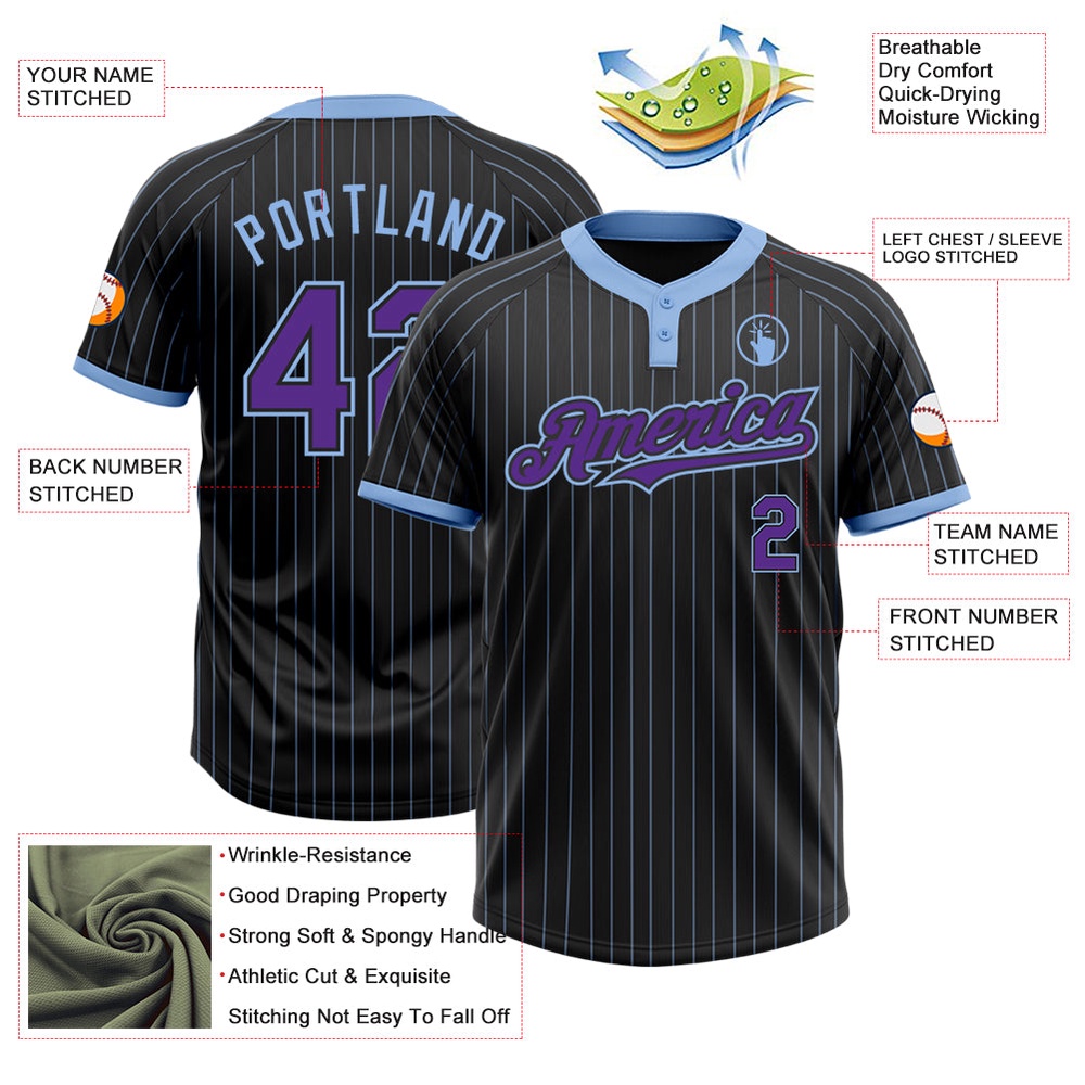 Black Light Blue Pinstripe Purple Two Button Unisex Softball Jersey, Custom Team Softball Jersey Black Light Blue Pinstripe Purple Two Button Unisex Softball Jersey, Custom Team Softball Jersey