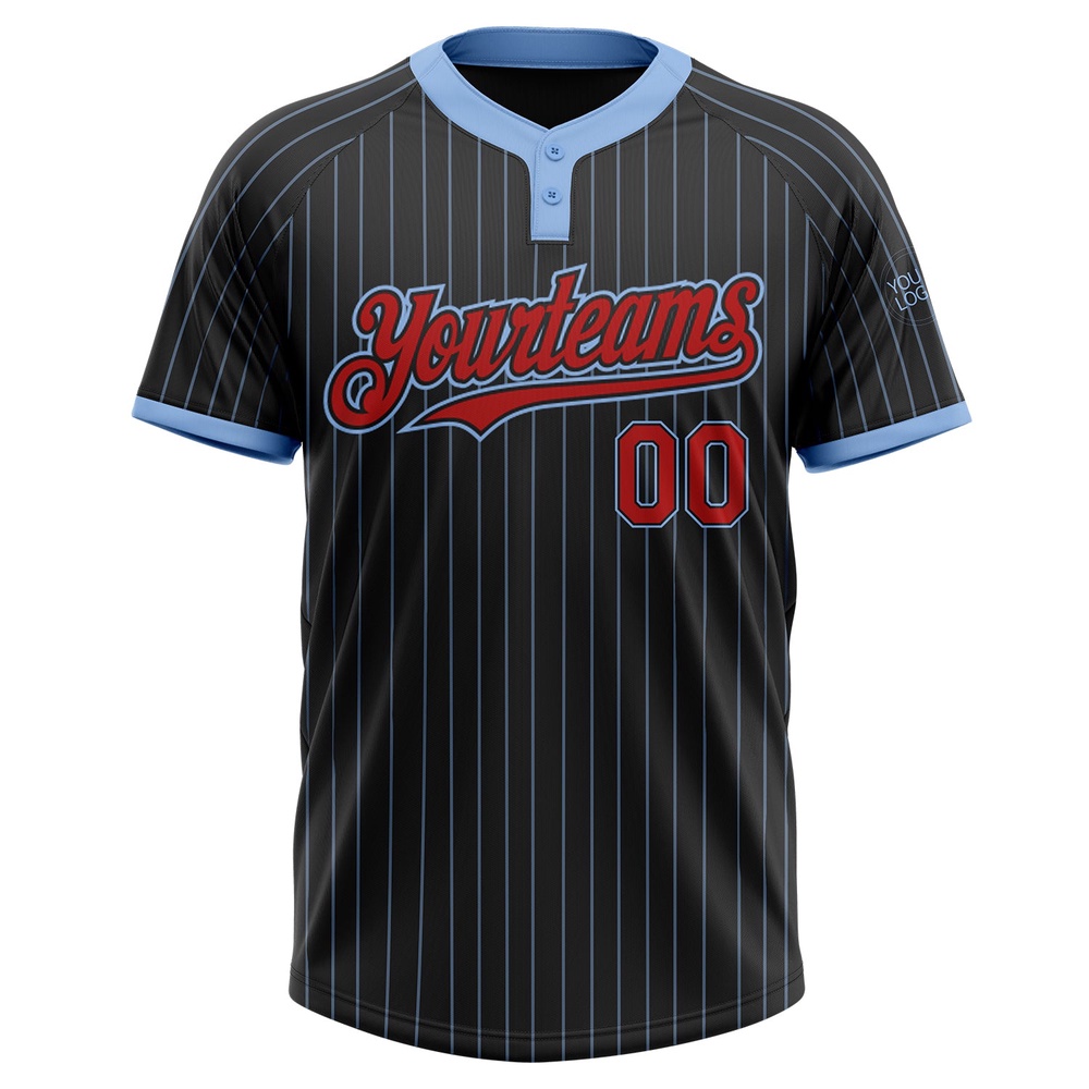 Black Light Blue Pinstripe Red Two Button Unisex Softball Jersey, Custom Team Softball Jersey