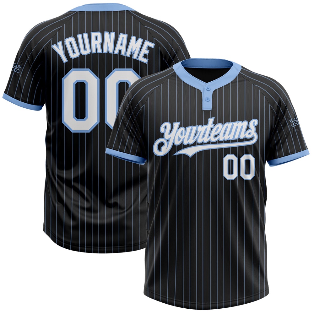 Black Light Blue Pinstripe White Two Button Unisex Softball Jersey, Custom Team Softball Jersey