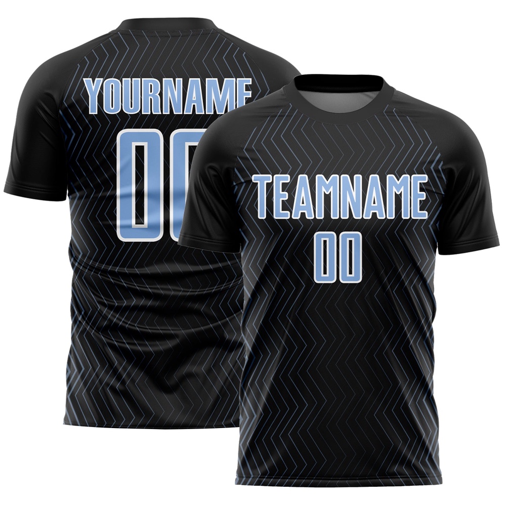 Black Light Blue White Geometric Lines Sublimation Soccer Uniform Jersey, Custom Team Soccer Jersey Shirt