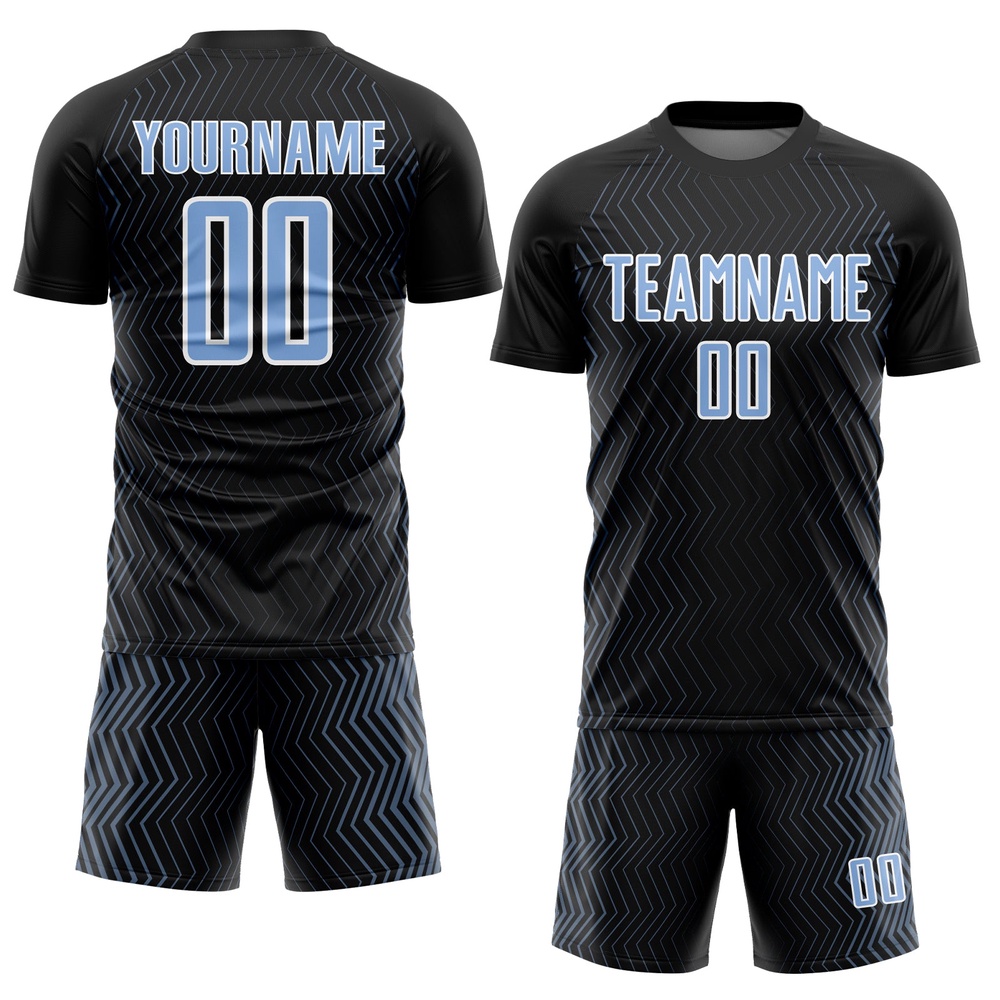 Black Light Blue White Geometric Lines Sublimation Soccer Uniform Jersey, Custom Team Soccer Jersey Shirt