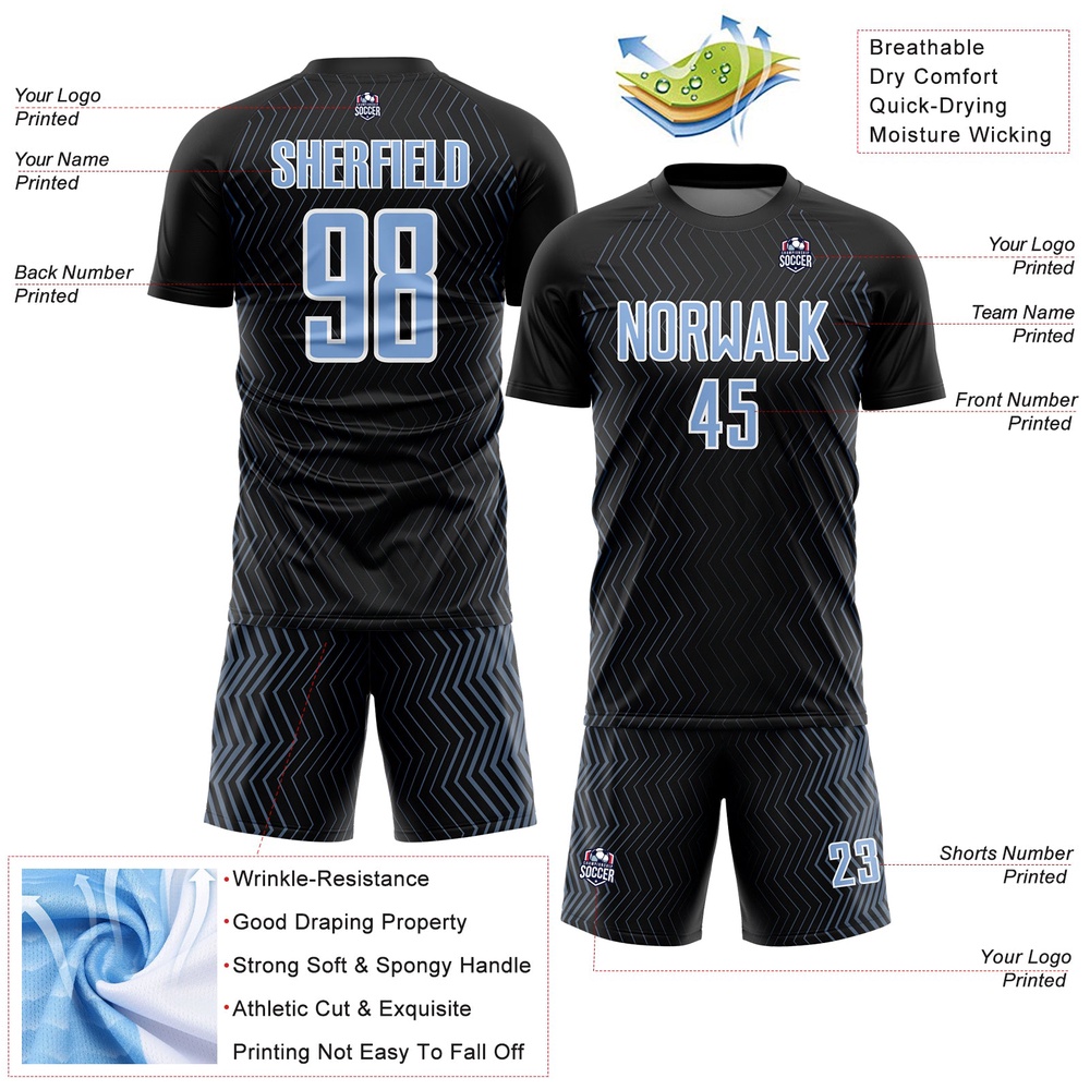 Black Light Blue White Geometric Lines Sublimation Soccer Uniform Jersey, Custom Team Soccer Jersey Shirt