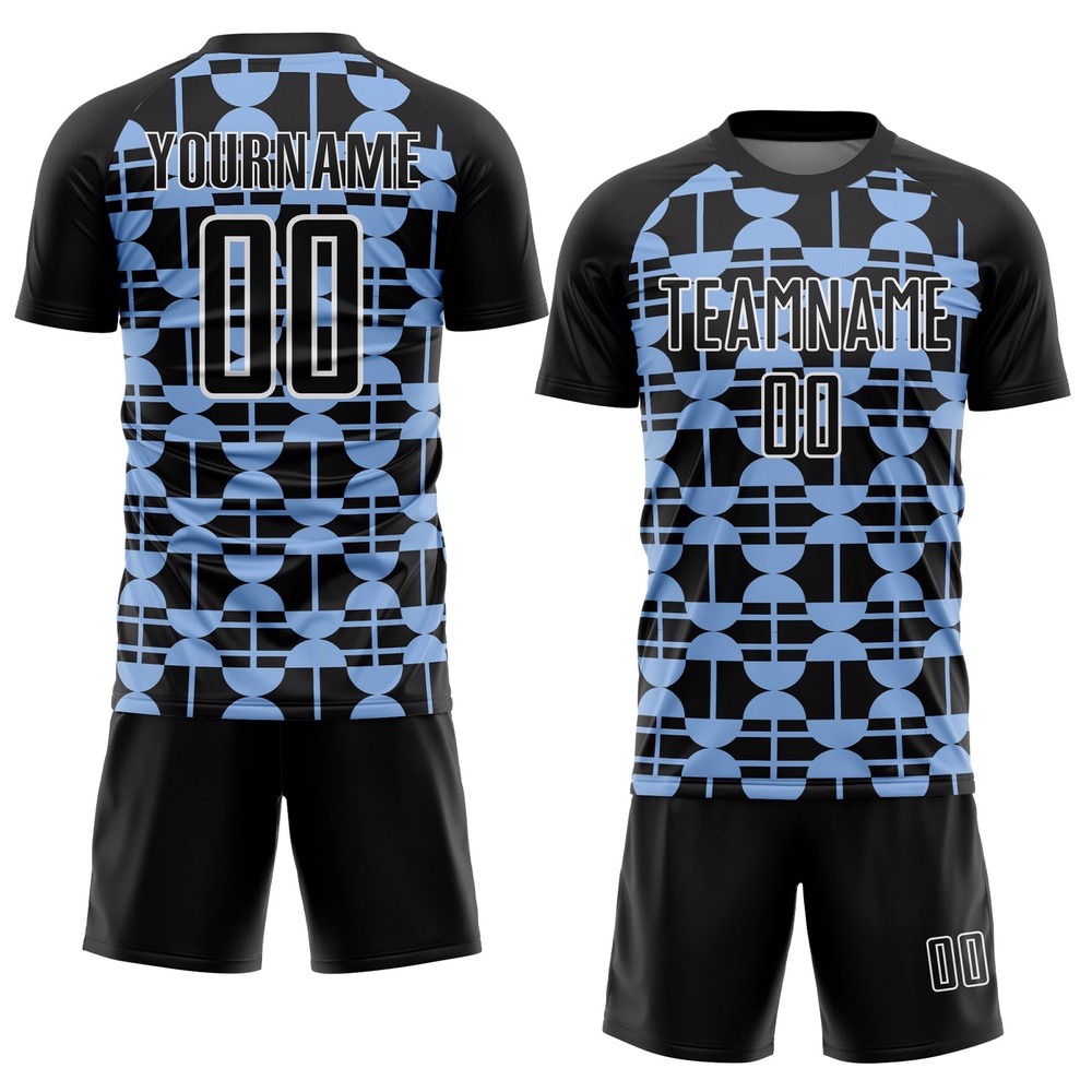 Black Light Blue White Geometric Shapes Sublimation Soccer Uniform Jersey, Custom Team Soccer Jersey Shirt