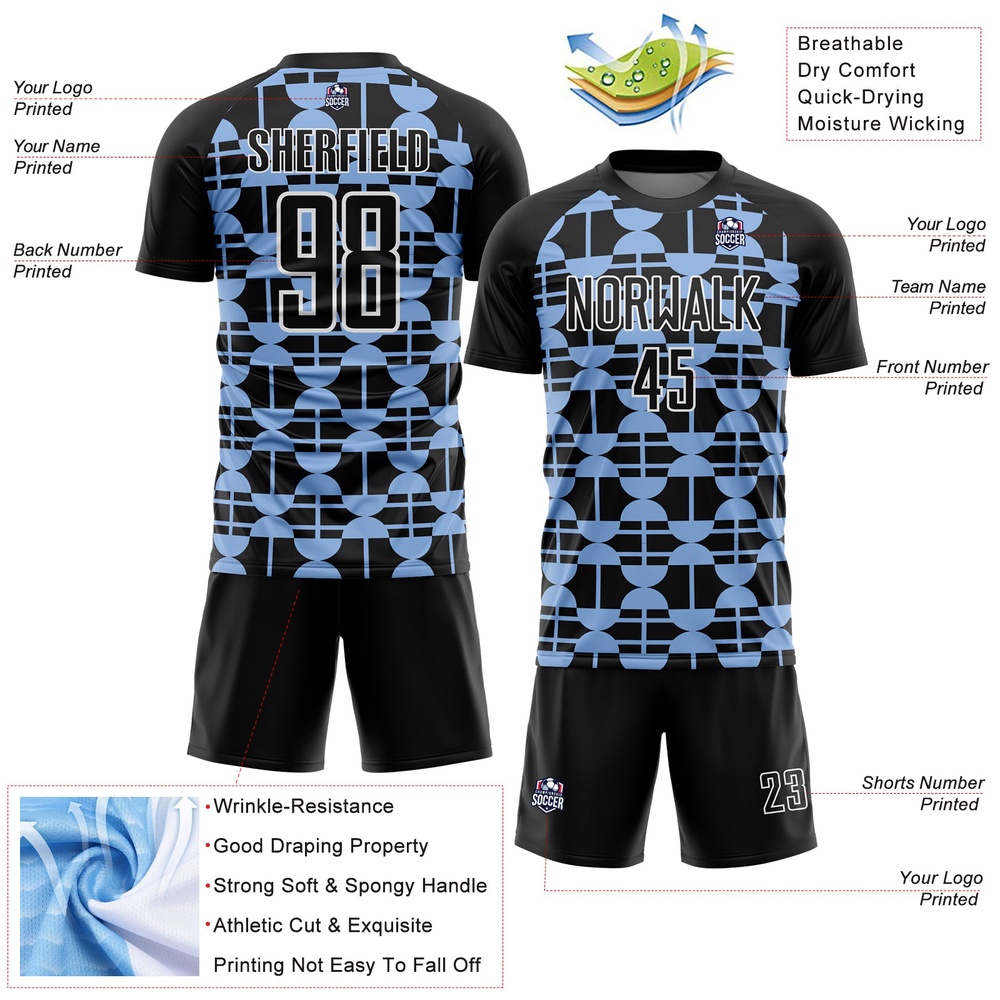 Black Light Blue White Geometric Shapes Sublimation Soccer Uniform Jersey, Custom Team Soccer Jersey Shirt