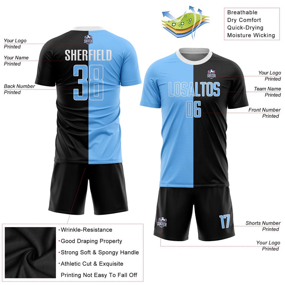 Black Light Blue White Sublimation Split Fashion Soccer Uniform Jersey, Custom Team Soccer Jersey Shirt