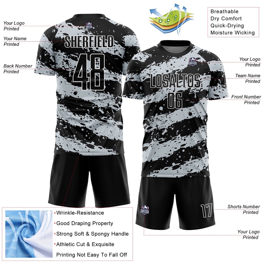 Black Light Gray White Splash Sublimation Soccer Uniform Jersey, Custom Team Soccer Jersey Shirt