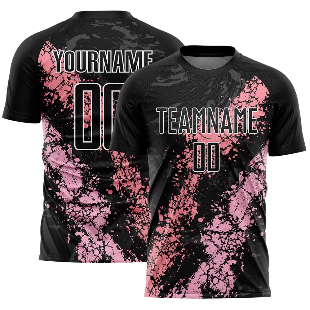 Black Light Pink Medium Pink Dripping Splatter Art Sublimation Soccer Uniform Jersey, Custom Team Soccer Jersey Shirt